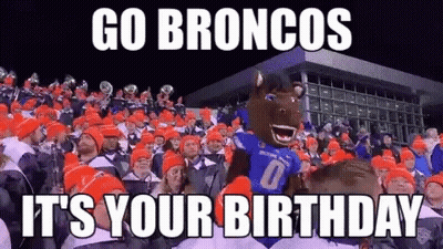 A Broncos Mascot Stands In Front Of A Crowd Of People GIF
