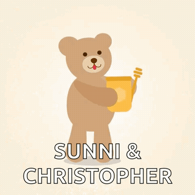 A Brown And Black Teddy Bear Standing Next To Each Other With The Name Sunni And Christopher Written Below Them GIF