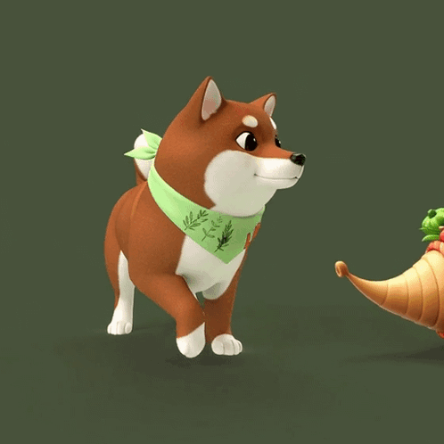 A Brown And White Dog Standing Next To A Cornucopia Of Fruits And Vegetables With The Words Happy Thanksgiving Above It GIF
