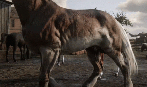 A Brown And White Horse Standing In A Field With Other Horses GIF