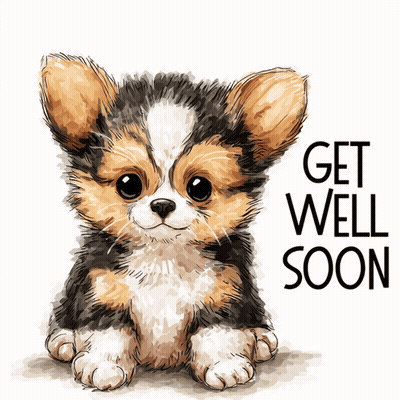 A Brown And White Puppy With The Words Get Well Soon Behind It GIF