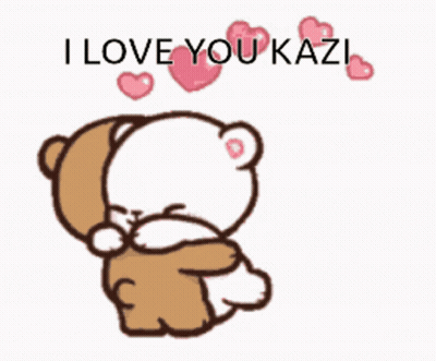 A Brown And White Teddy Bear Hugging Each Other With The Words I Love You Kazi Above Them GIF