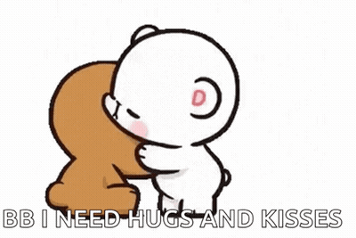 A Brown And White Teddy Bear Kissing Each Other On The Cheek . GIF