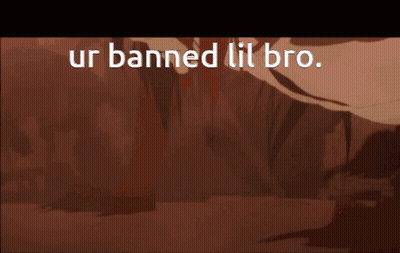A Brown Background With The Words Ur Banned Lil Bro Written On It GIF