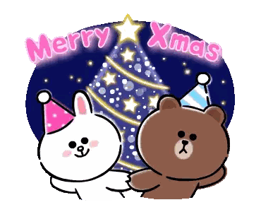A Brown Bear And A White Rabbit Are Holding Hands In Front Of A Christmas Tree And The Words Merry Xmas Sticker