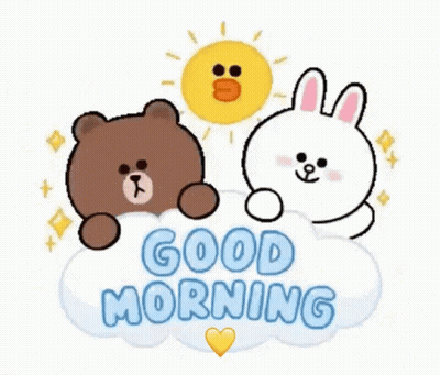 A Brown Bear And A White Rabbit Are Sitting On A Cloud With The Words Good Morning GIF
