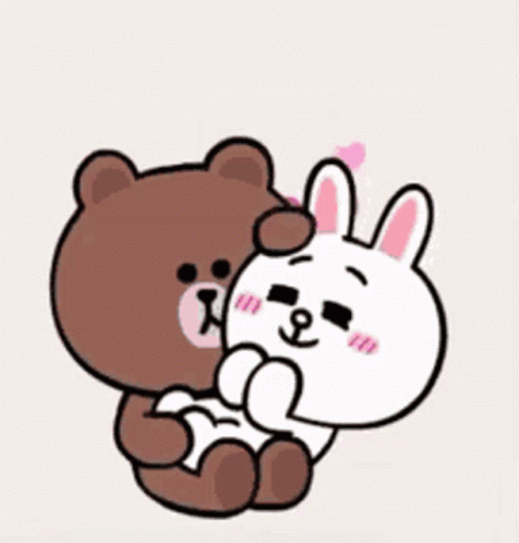 A Brown Bear And A White Rabbit Hugging Each Other With Hearts Above Them GIF