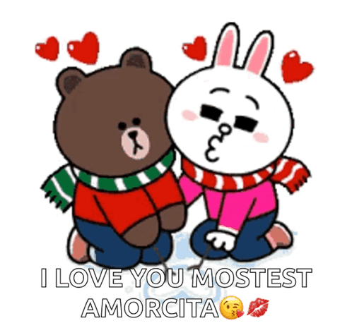 A Brown Bear And A White Rabbit Kissing With The Words " I Love You Mostest Amorcita " GIF