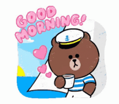 A Brown Bear In A Sailor Hat Is Holding A Cup Of Coffee GIF