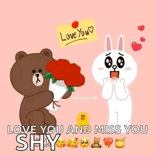 A Brown Bear Is Holding A Bouquet Of Roses Next To A White Rabbit With A Note That Says Love You GIF