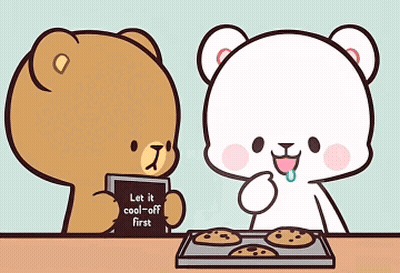 A Brown Bear Is Holding A Sign That Says Let It Cool-Off First And A White Bear Is Eating Cookies . GIF