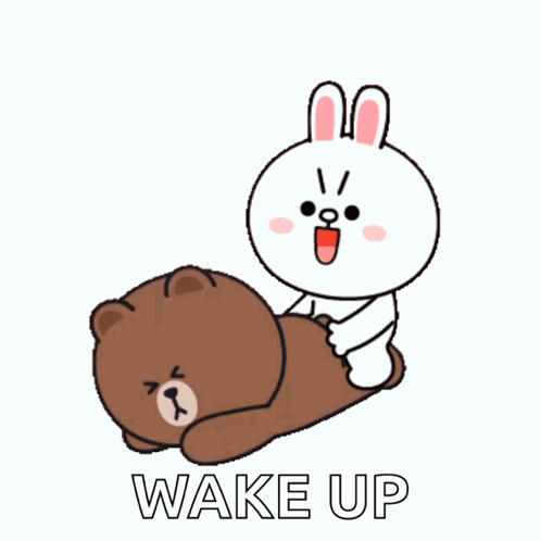 A Brown Bear Is Laying On Top Of A White Bunny Rabbit With The Words Wake Up Below Them GIF