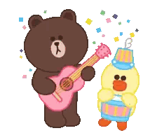 A Brown Bear Is Playing A Pink Guitar Next To A Yellow Duck Wearing A Party Hat . Sticker