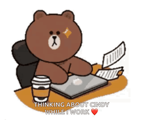 A Brown Bear Is Sitting At A Desk With Papers And A Cup Of Coffee GIF