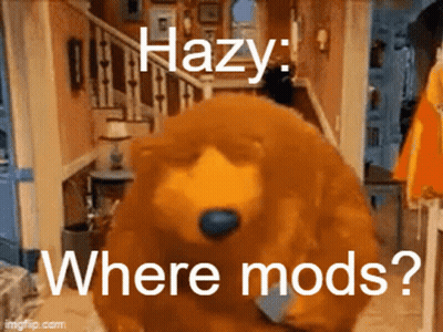 A Brown Bear Is Standing In A Hallway With A Caption That Says Hazy Where Mods GIF