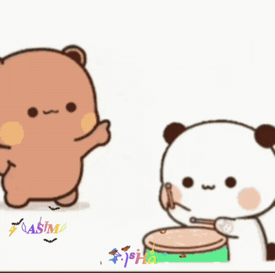 a brown bear is standing next to a white bear playing drums