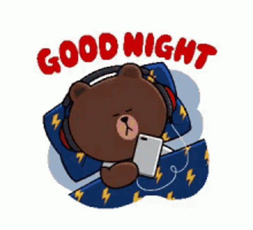 A Brown Bear Wearing Headphones Is Laying In Bed With A Cell Phone And Says Good Night . GIF
