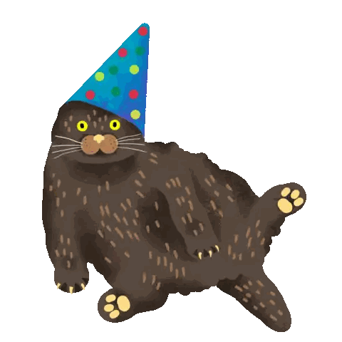 A Brown Cat Wearing A Blue Party Hat With Polka Dots Sticker