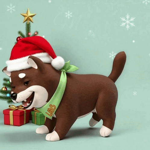 A Brown Dog Wearing A Santa Hat And A Green Scarf With Labs On It GIF