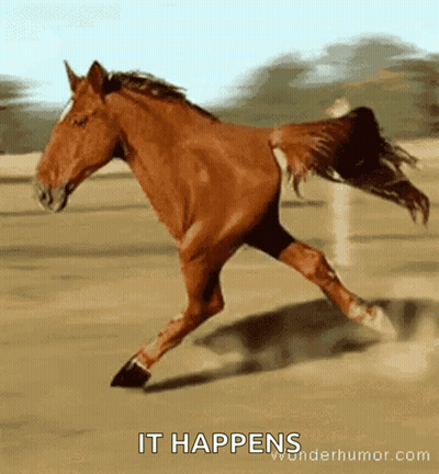A Brown Horse Running In The Dirt With The Words " It Happens " Written Below It GIF