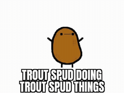 A Brown Potato With Arms And Legs And The Words `` Trout Spud Doing Trout Spud Things '' Written On It . GIF
