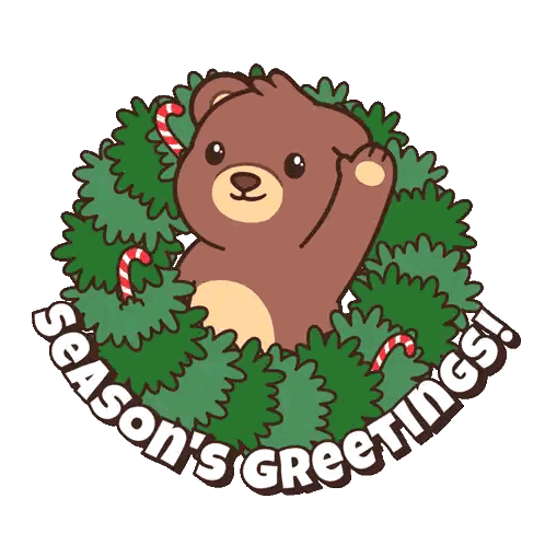 A Brown Teddy Bear In A Christmas Wreath With The Words Season 'S Greetings On The Bottom Sticker