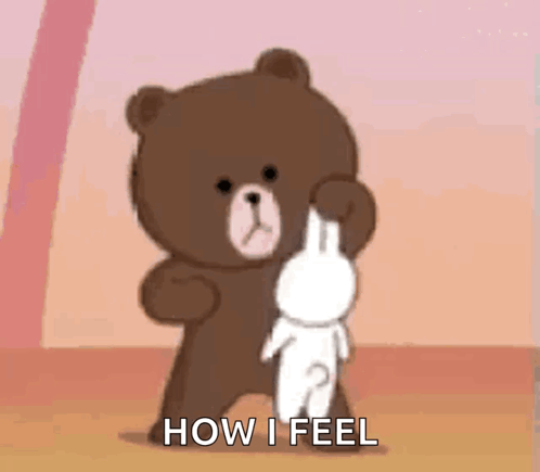 A Brown Teddy Bear Is Holding A White Bunny And Says How I Feel . GIF