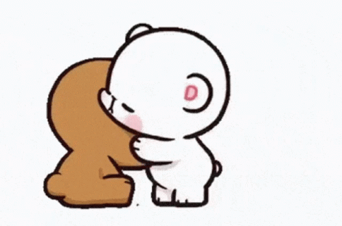 A Brown Teddy Bear Is Kissing A White Teddy Bear On The Nose . GIF