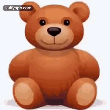 A Brown Teddy Bear Is Sitting Down On A White Surface And Smiling . GIF