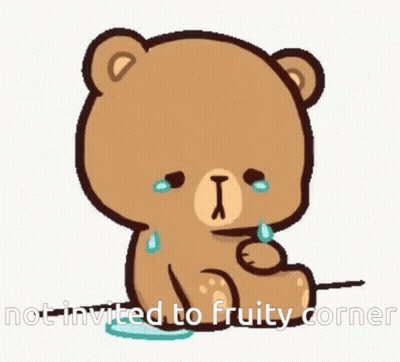 A Brown Teddy Bear Is Sitting On A Blue Cushion With The Words Not Invited To Fruity Corner Written Below It GIF