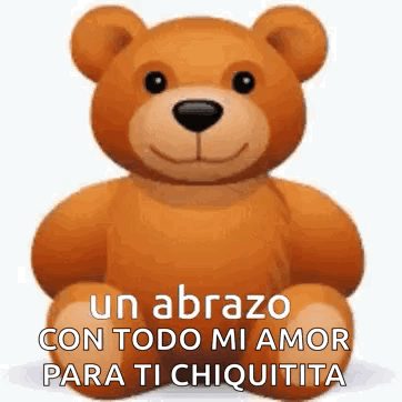 A Brown Teddy Bear Is Sitting On A White Surface With The Words `` Un Abrazo Con Todo Mi Amor Para Ti Chiquita '' . GIF