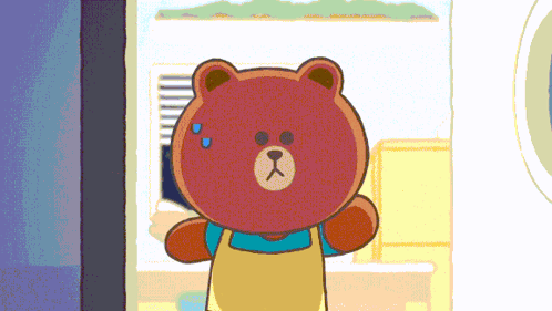 A Brown Teddy Bear Wearing A Blue Shirt And Apron Is Standing In Front Of A Window GIF