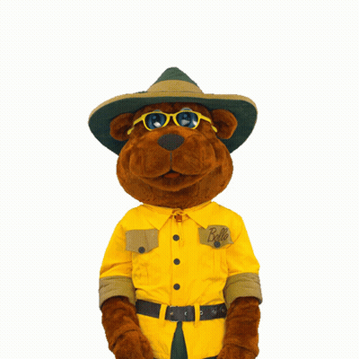 A Brown Teddy Bear Wearing A Hat And Sunglasses Has The Word Bello On His Chest GIF