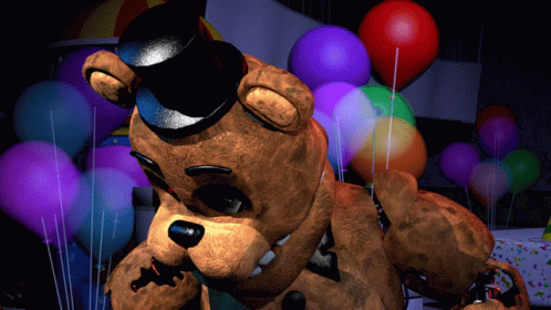 A Brown Teddy Bear Wearing A Top Hat And Surrounded By Balloons GIF