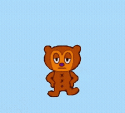 A Brown Teddy Bear With A Purple Nose Is Standing On A Blue Surface GIF