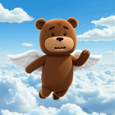 A Brown Teddy Bear With White Wings Is Flying Through The Clouds GIF