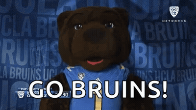 A Bruins Mascot Says Go Bruins In Front Of A Blue Background GIF