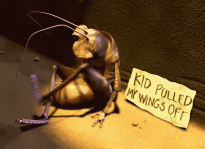 A Bug Is Sitting Next To A Sign That Says " Kid Pulled My Wings Off " GIF