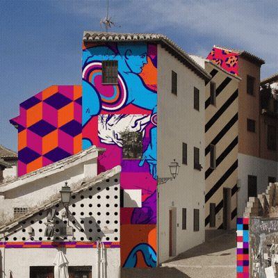 A Building With A Painting Of A Man On The Side GIF