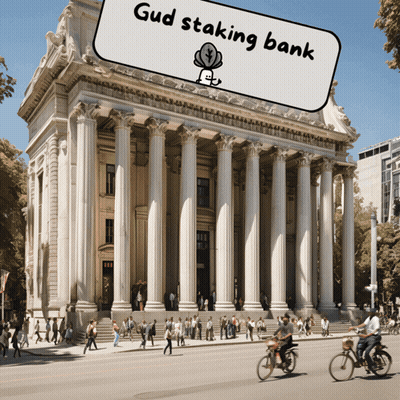 A Building With Columns And A Sign That Says Gud Staking Bank Above It GIF