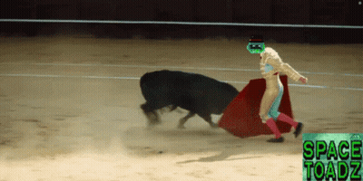 A Bull Is Being Slaughtered By A Matador With Space Toadz Written On The Bottom GIF