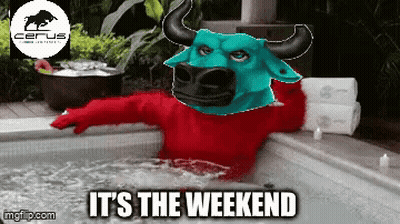 A Bull Is Laying In A Hot Tub With The Words It 'S The Weekend Below It GIF