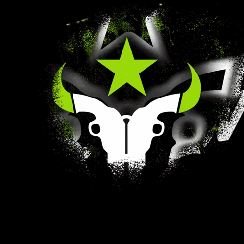 A Bull Skull With Green Horns And A Green Star On It GIF