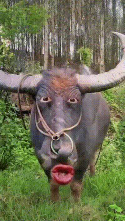 A Bull With A Bridle Around Its Neck Has A Big Red Lip GIF