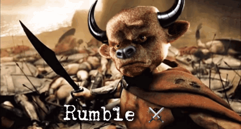 A Bull With Horns Is Holding A Sword And The Words Rumble X Are Below It GIF