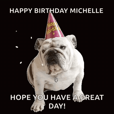 A Bulldog Wearing A Birthday Hat With The Words Happy Birthday Michelle Hope You Have A Great Day GIF