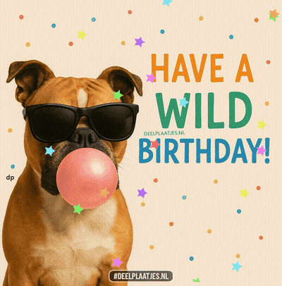 A Bulldog Wearing Sunglasses Blowing A Pink Bubble With The Words Have A Wild Birthday GIF