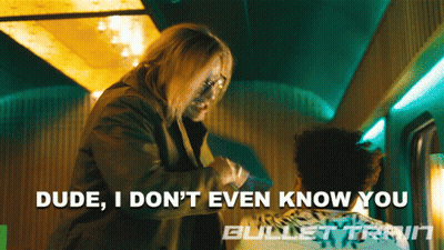 A Bullet Train Poster With A Woman Pointing At A Man And The Words Dude I Don 'T Even Know You GIF