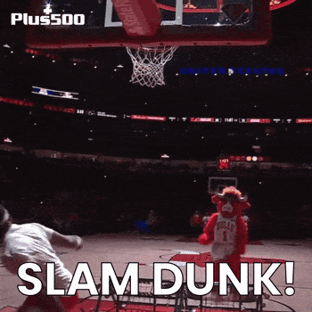 A Bulls Mascot Stands In Front Of A Basketball Hoop With The Words Slam Dunk On The Bottom GIF