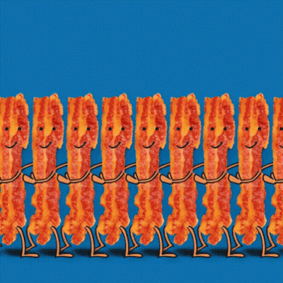 a bunch of bacon standing in a row with the word bacon written on the top